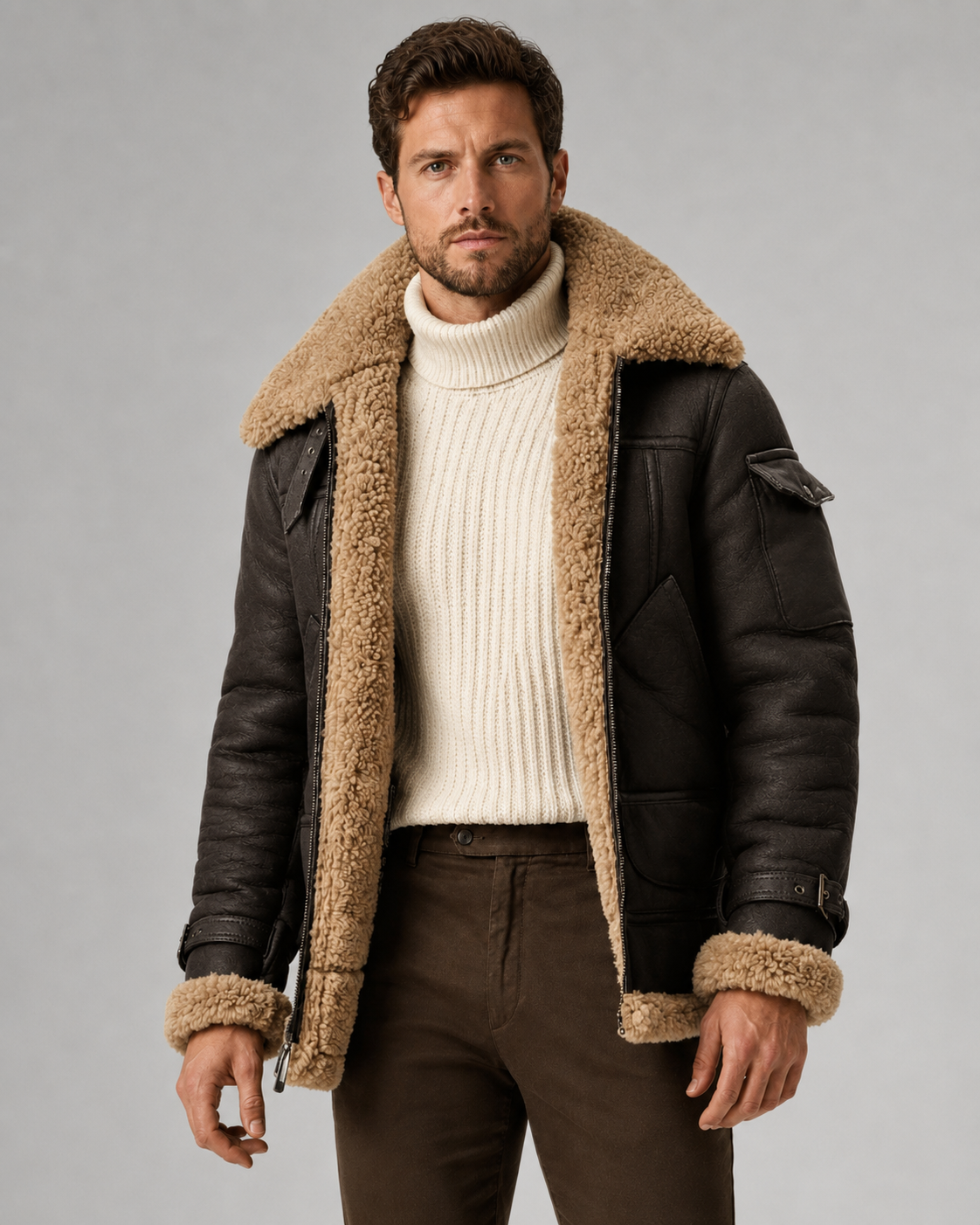 Men's Shearling-Lined Leather Aviator Jacket