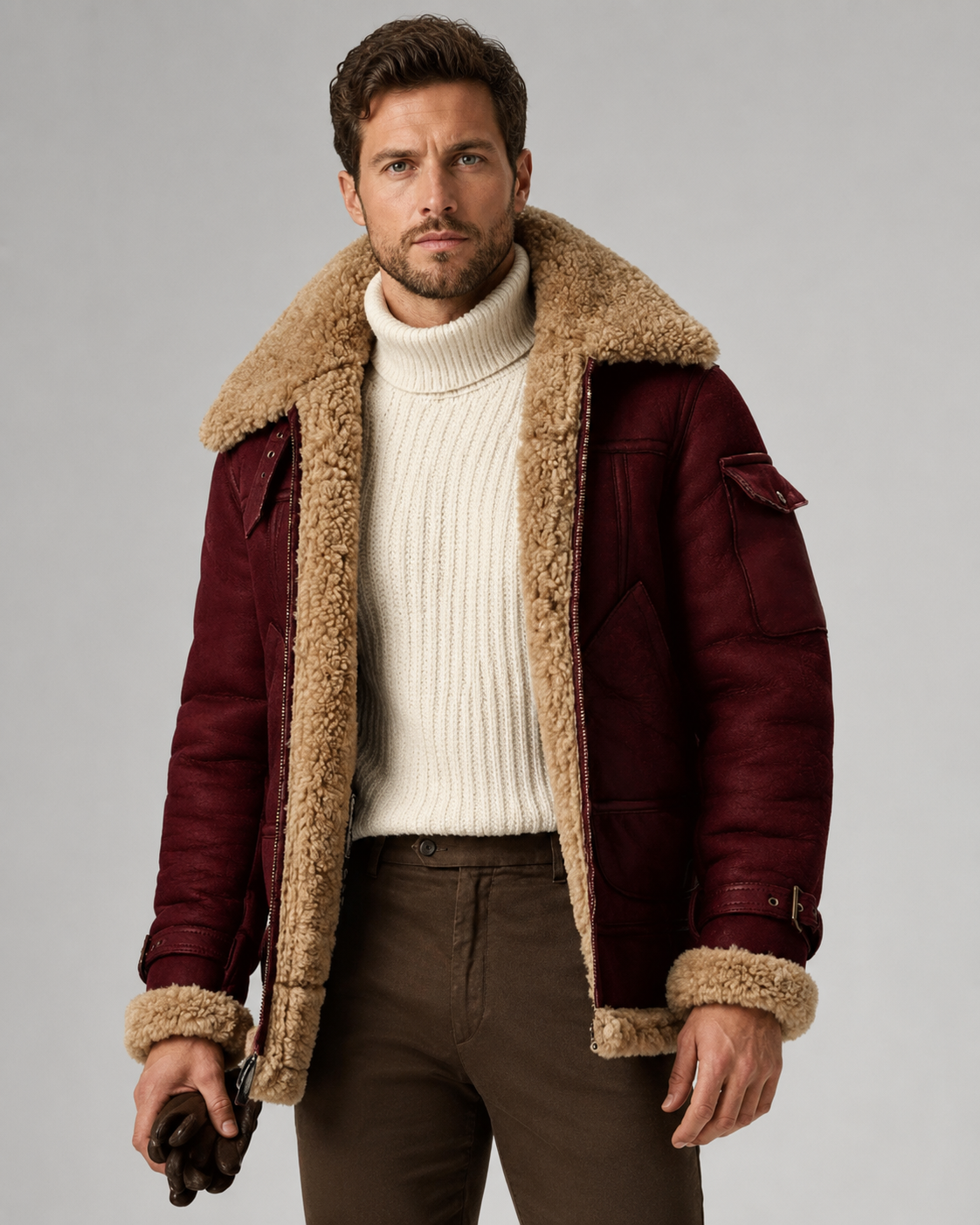 Men's Shearling-Lined Leather Aviator Jacket
