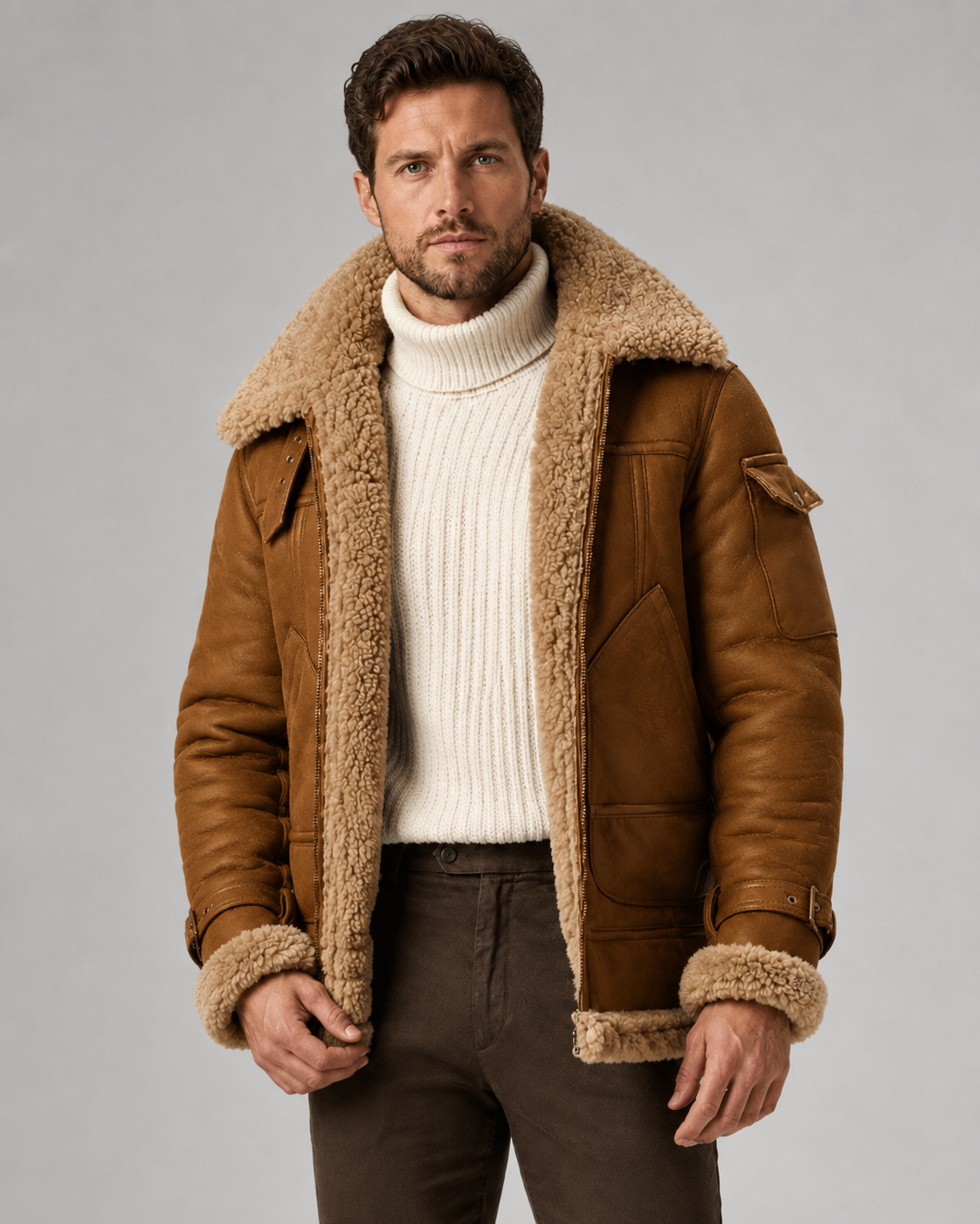 Men's Shearling-Lined Leather Aviator Jacket