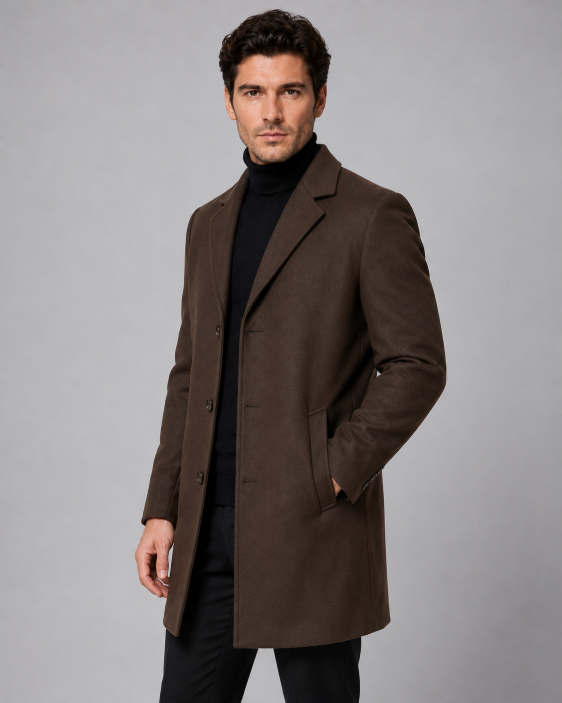 Men's Single-Breasted Wool Coat with Notch Lapel