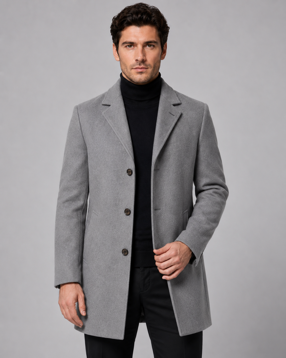 Men's Single-Breasted Wool Coat with Notch Lapel