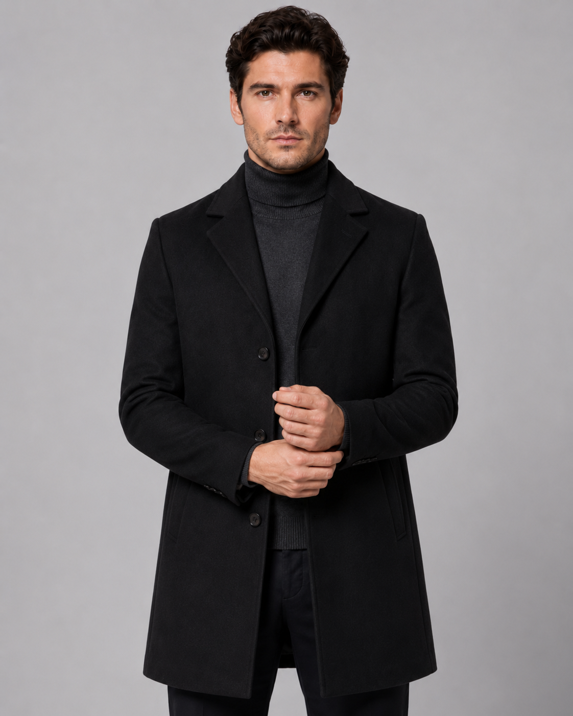 Men's Single-Breasted Wool Coat with Notch Lapel