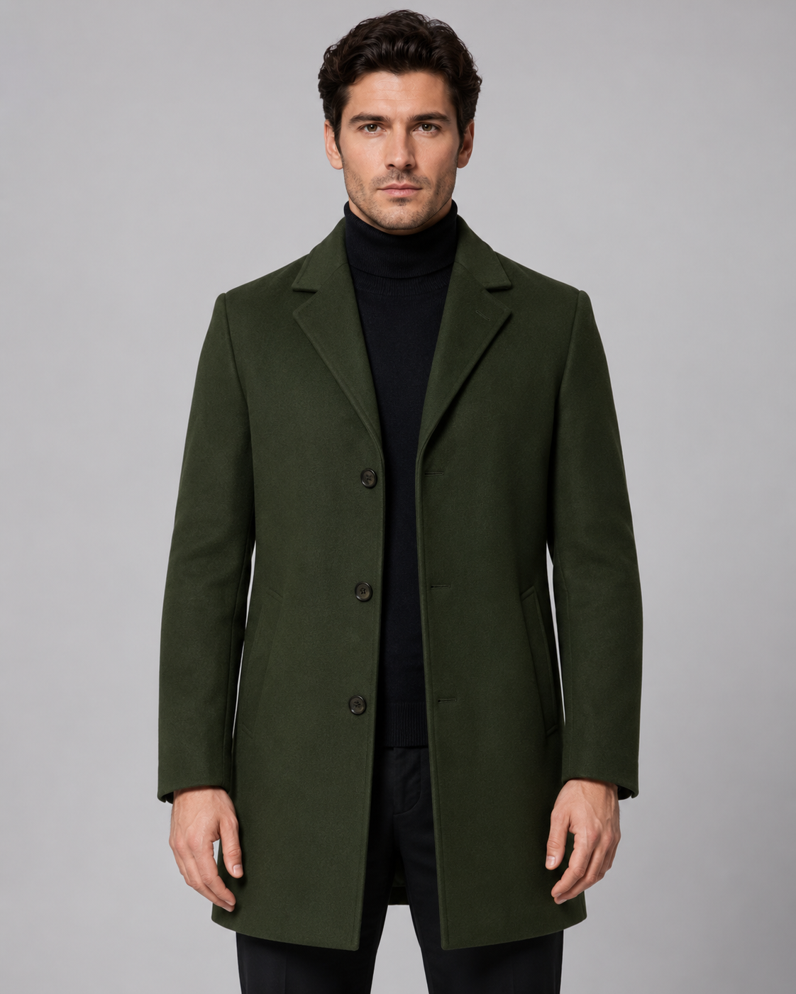 Men's Single-Breasted Wool Coat with Notch Lapel