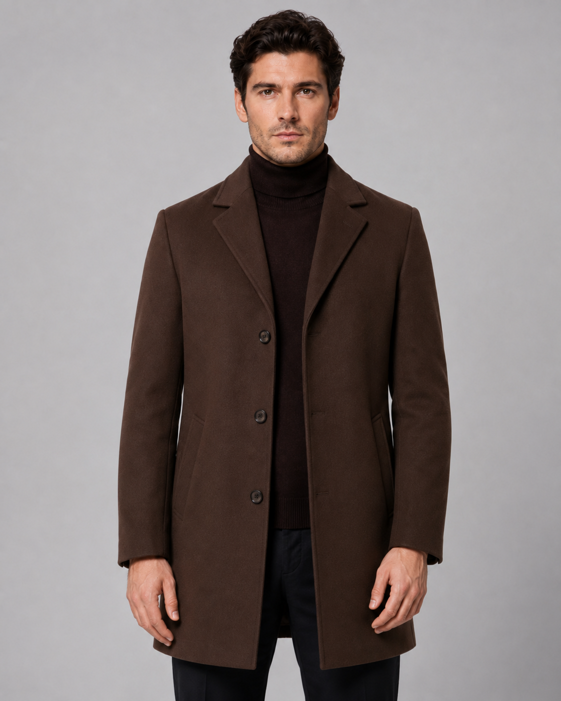 Men's Single-Breasted Wool Coat with Notch Lapel
