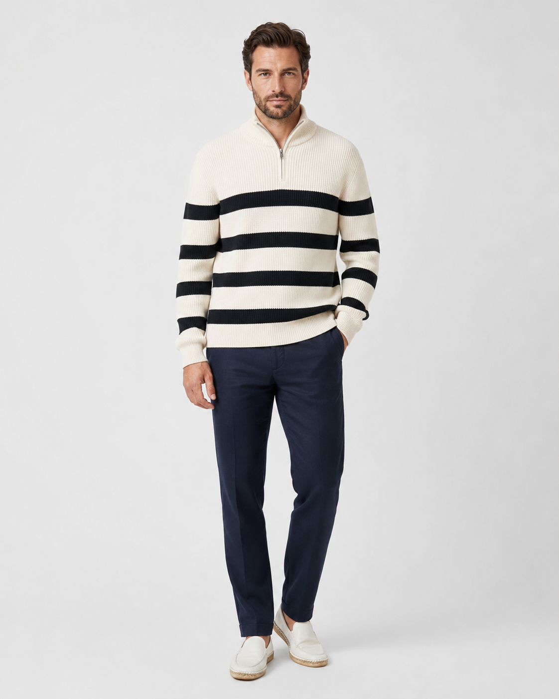 Men's Striped Half Zip Ribbed Knit Sweater