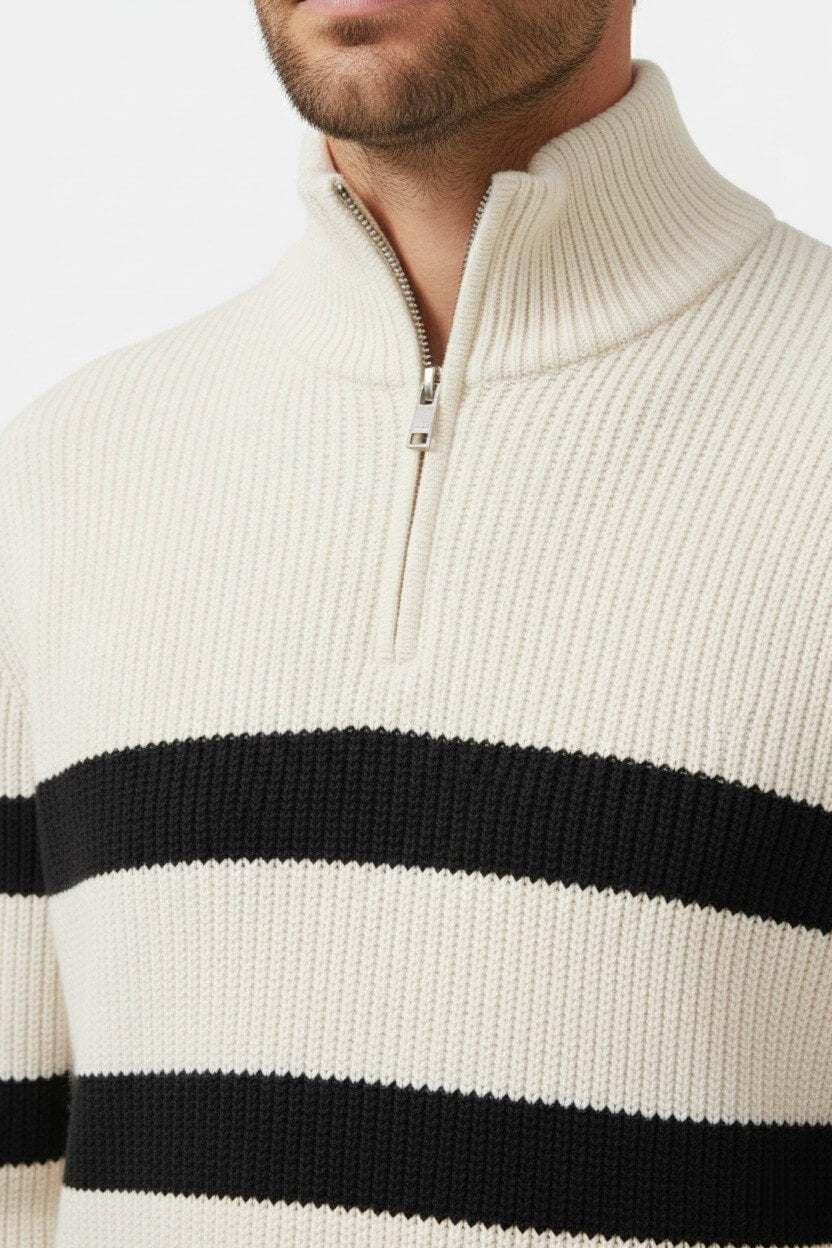 Men's Striped Half Zip Ribbed Knit Sweater