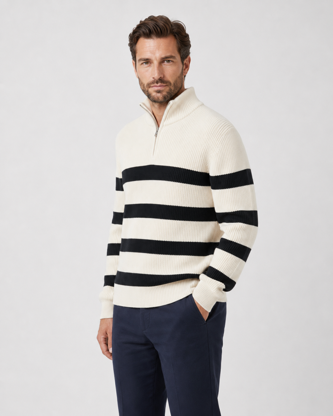 Men's Striped Half Zip Ribbed Knit Sweater
