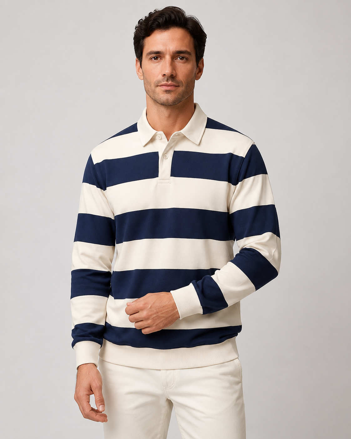 Men's Striped Rugby Polo - Ribbed Cuff Regular Fit