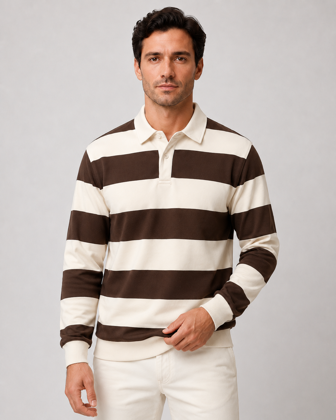 Men's Striped Rugby Polo - Ribbed Cuff Regular Fit