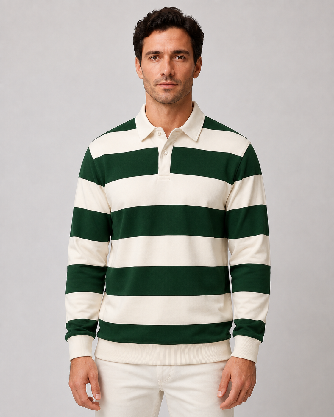 Men's Striped Rugby Polo - Ribbed Cuff Regular Fit
