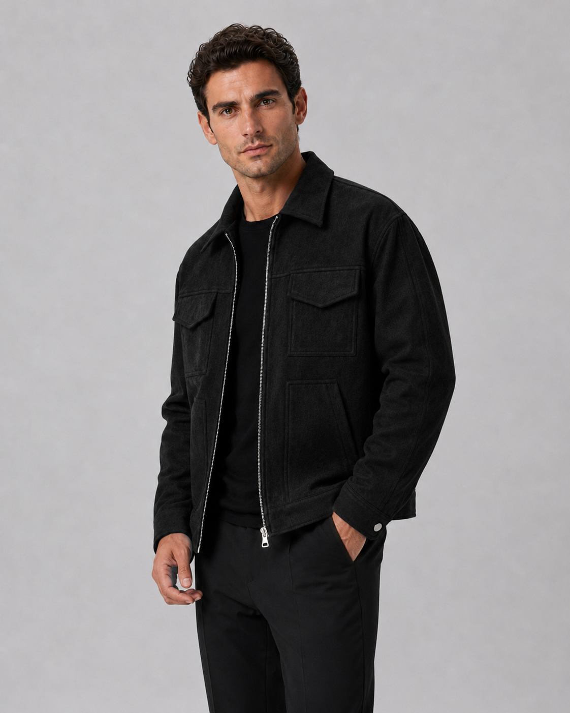 Men's Suede Utility Jacket Stand Collar Zip Front