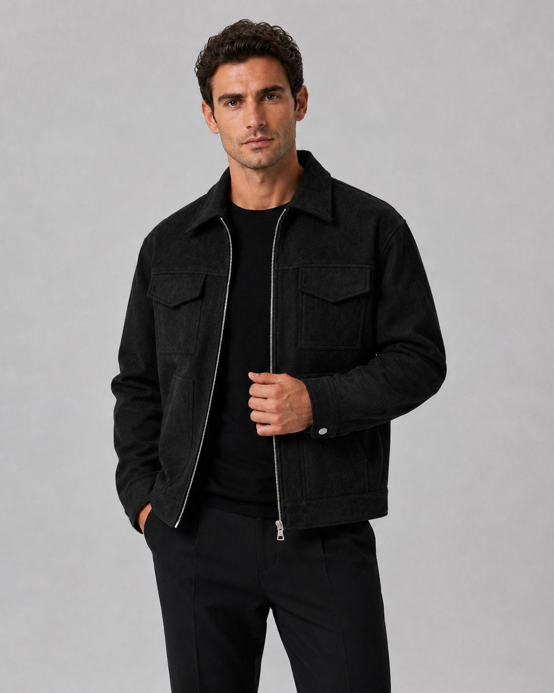 Men's Suede Utility Jacket Stand Collar Zip Front