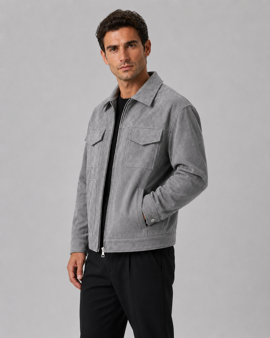 Men's Suede Utility Jacket Stand Collar Zip Front