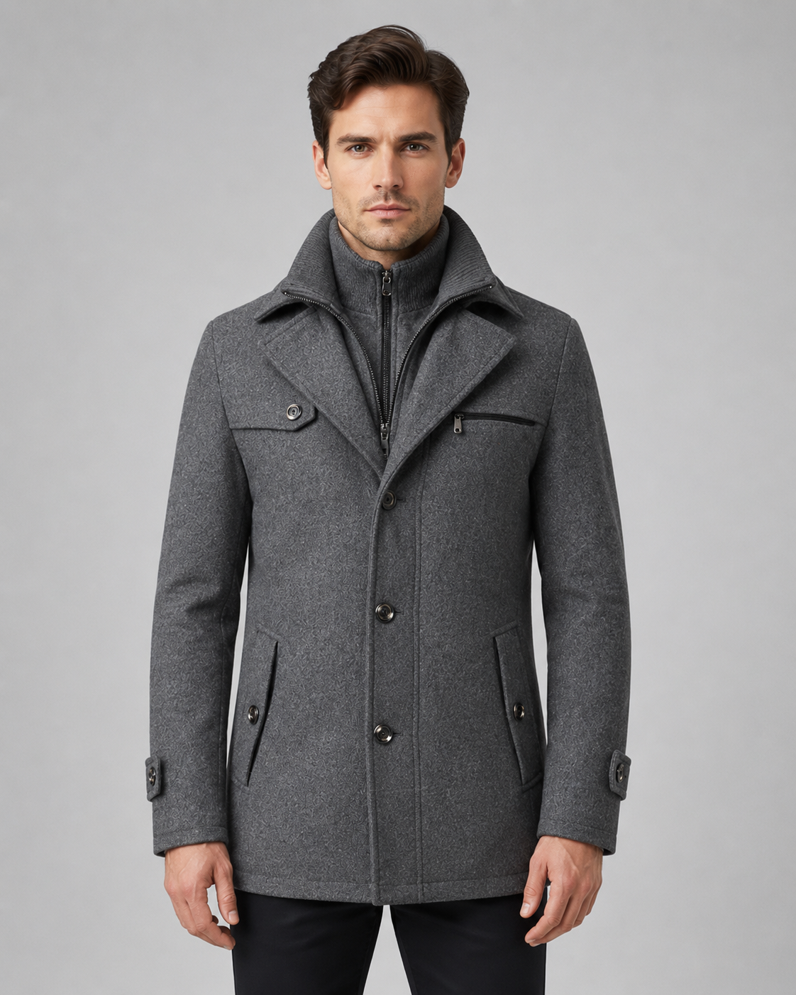 Men's Tailored Wool Coat with Funnel Neck