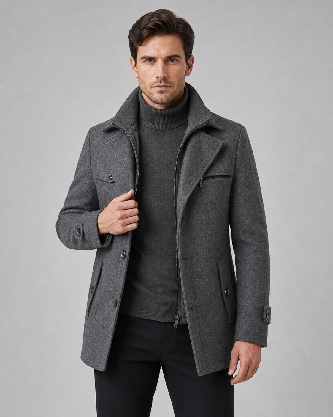 Men's Tailored Wool Coat with Funnel Neck