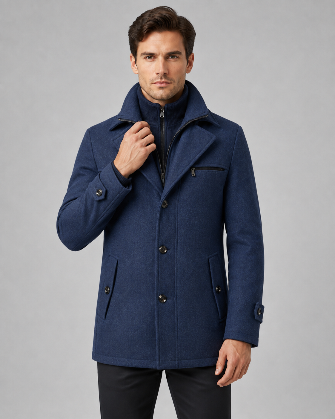 Men's Tailored Wool Coat with Funnel Neck