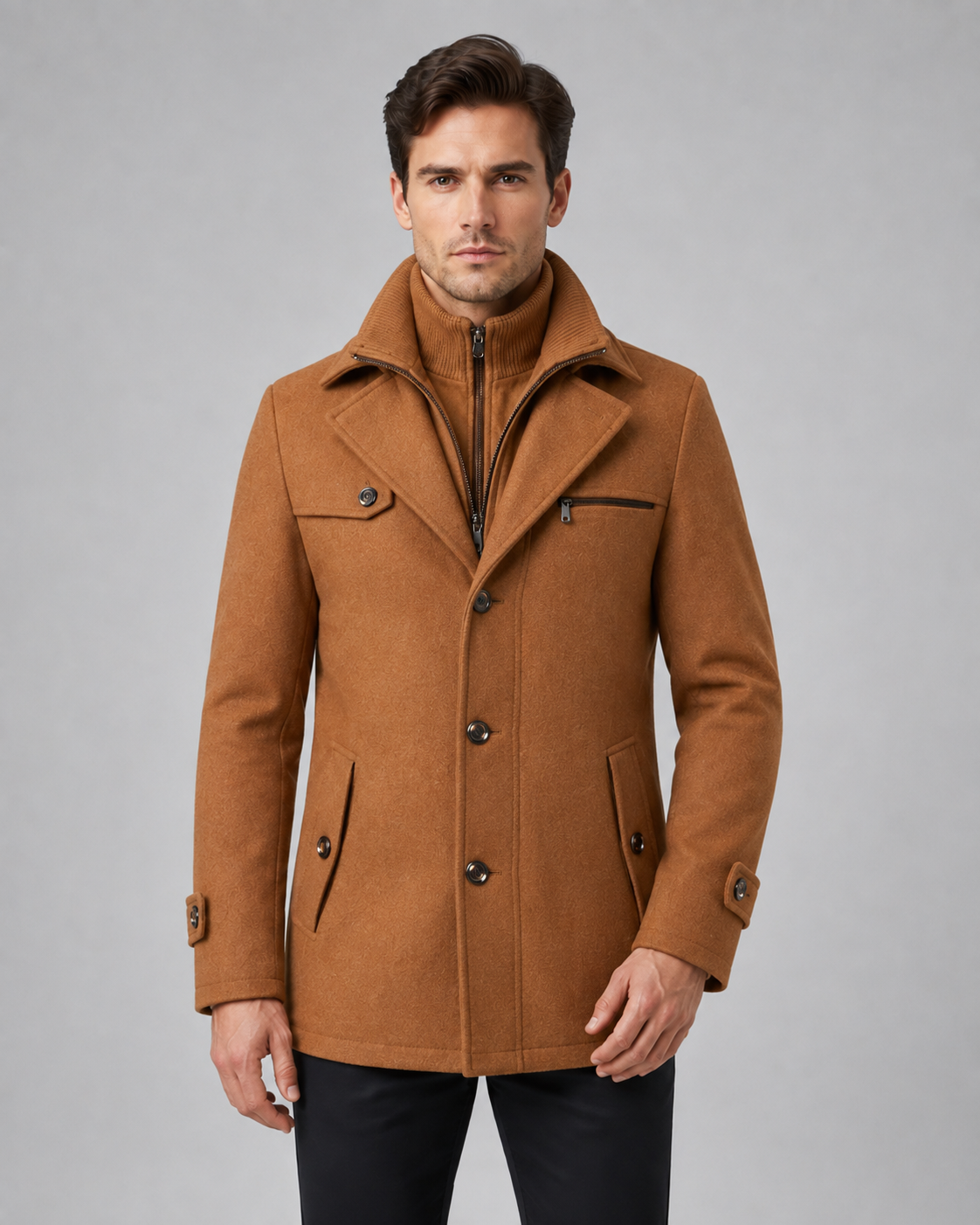 Men's Tailored Wool Coat with Funnel Neck