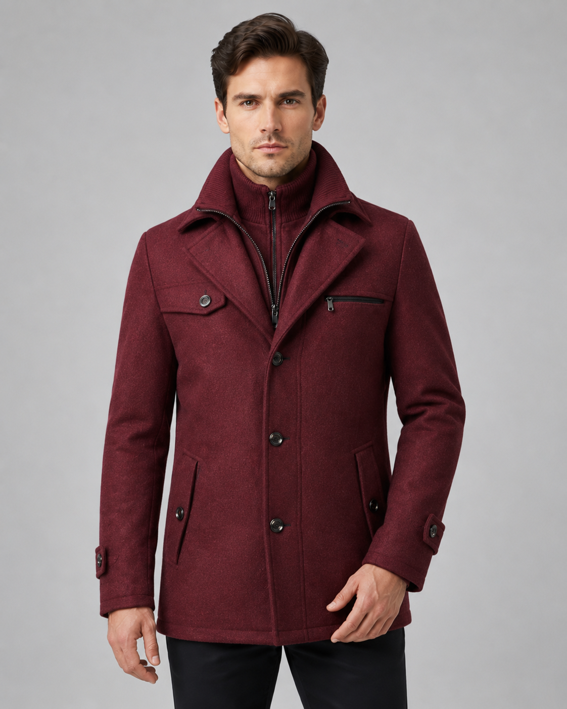Men's Tailored Wool Coat with Funnel Neck
