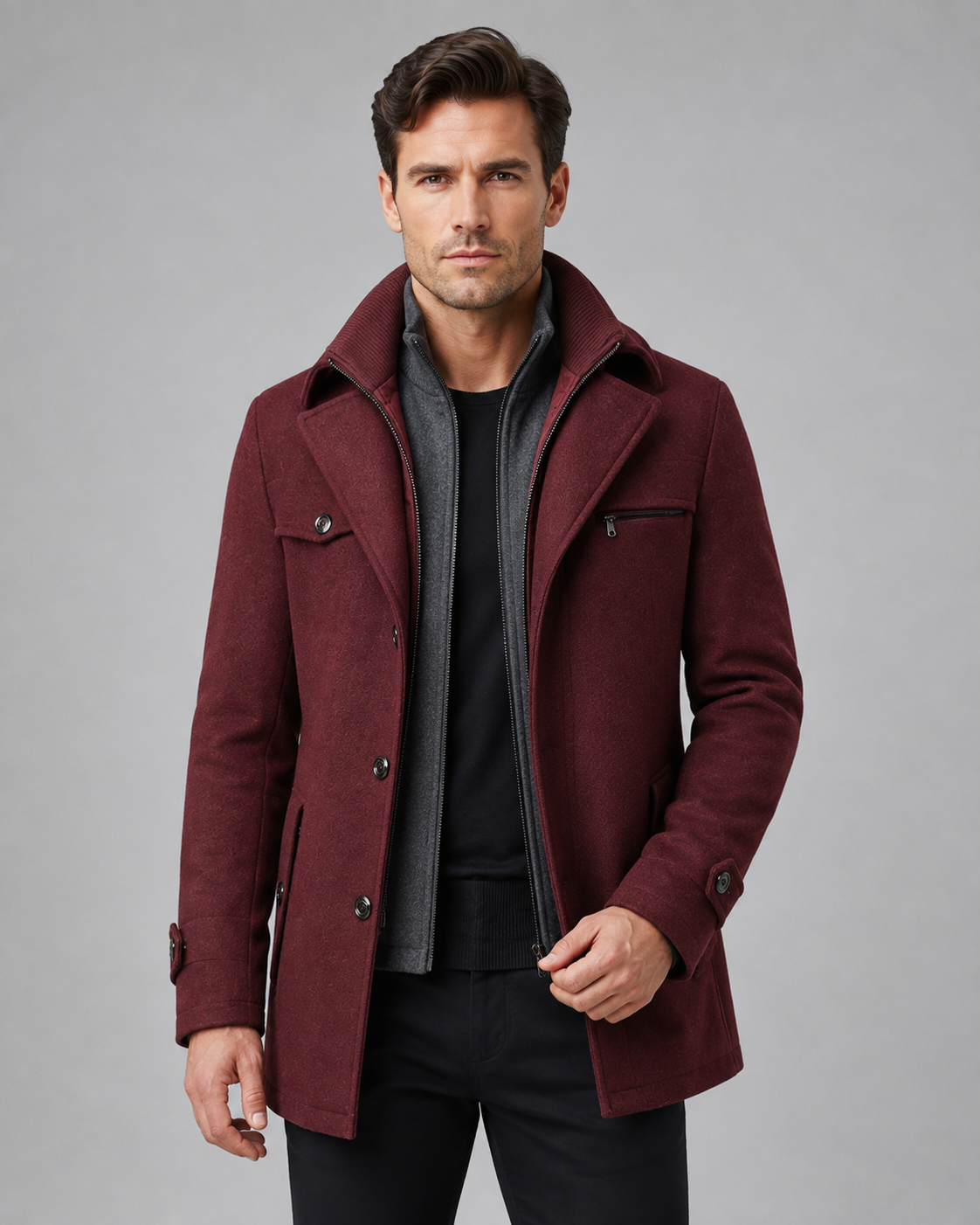 Men's Tailored Wool Coat with Funnel Neck