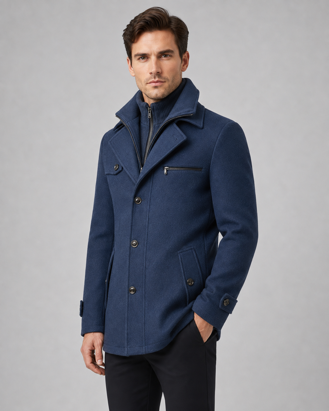 Men's Tailored Wool Coat with Funnel Neck