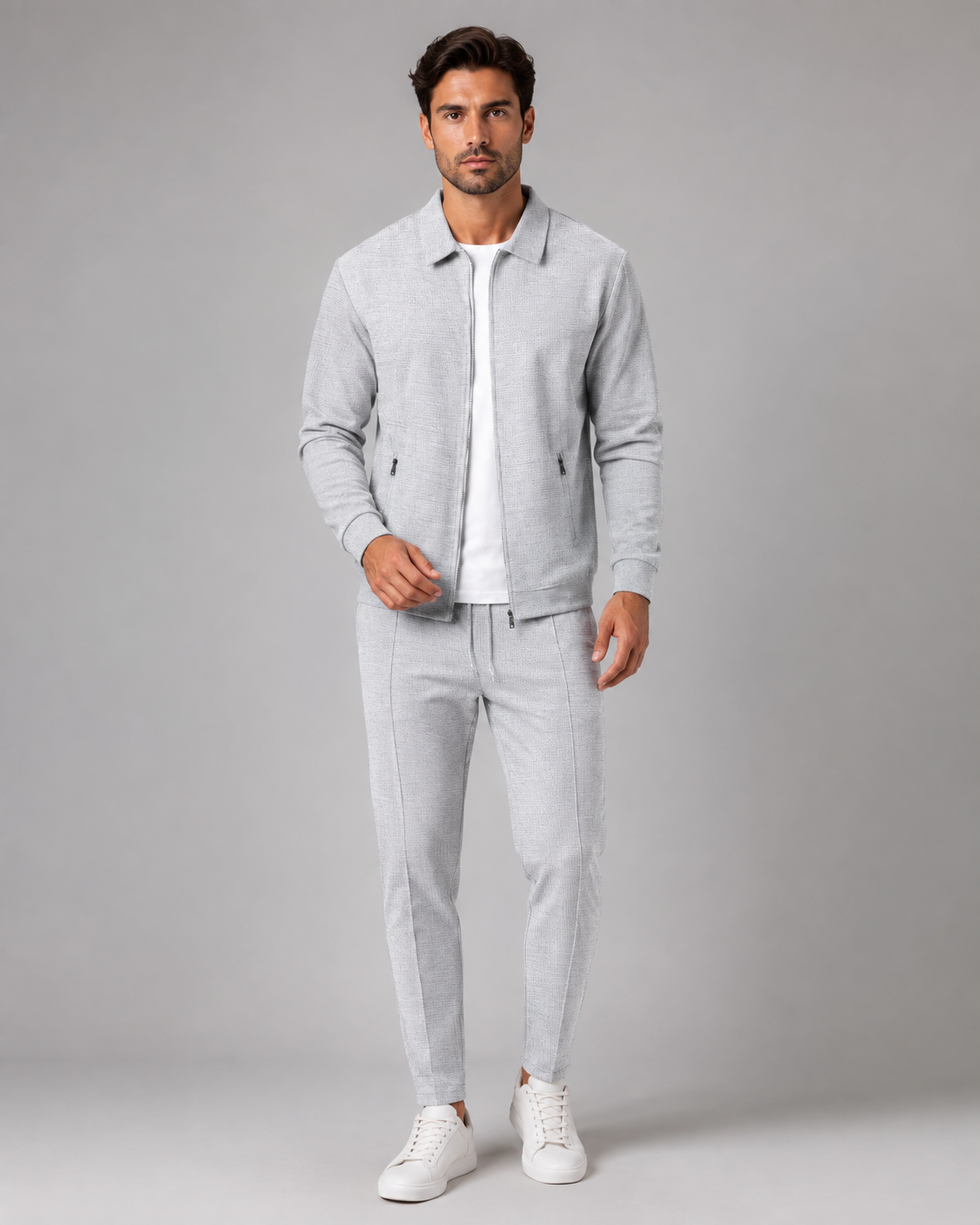 Men's Waffle Knit Tracksuit Set Collared Zip Jacket