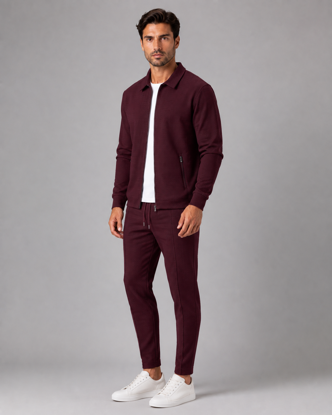 Men's Waffle Knit Tracksuit Set Collared Zip Jacket