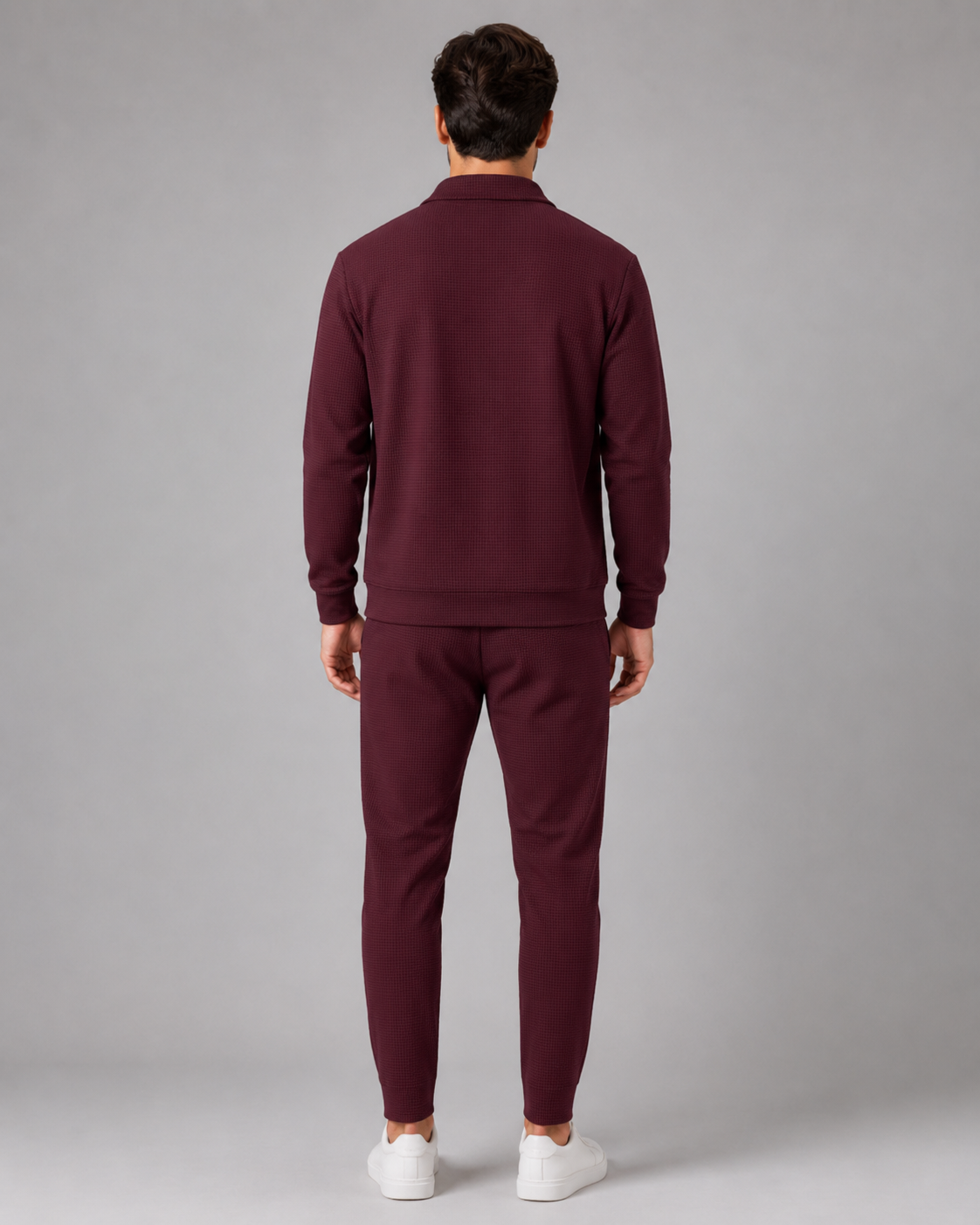 Men's Waffle Knit Tracksuit Set Collared Zip Jacket