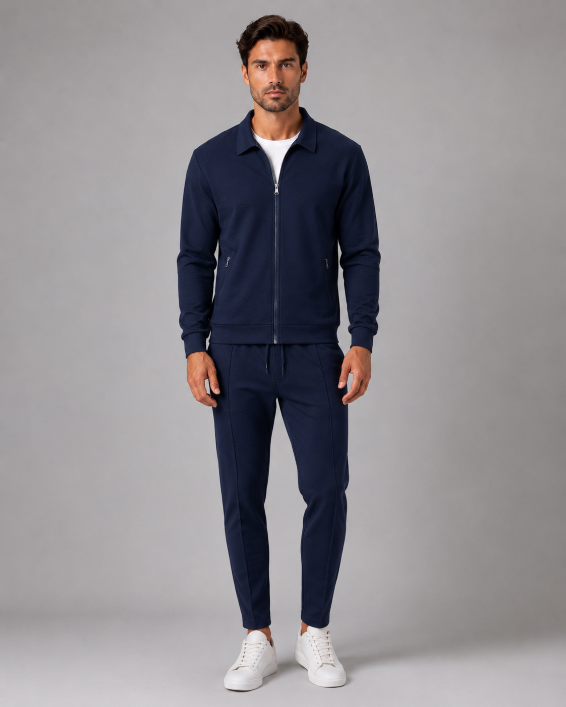Men's Waffle Knit Tracksuit Set Collared Zip Jacket