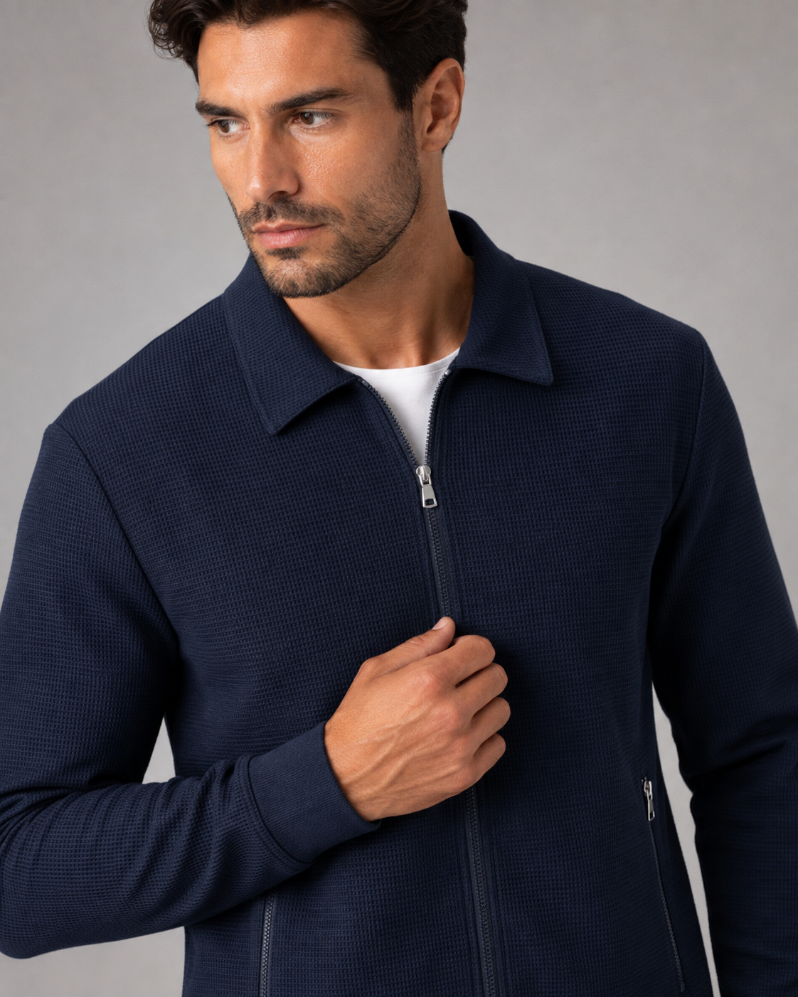 Men's Waffle Knit Tracksuit Set Collared Zip Jacket