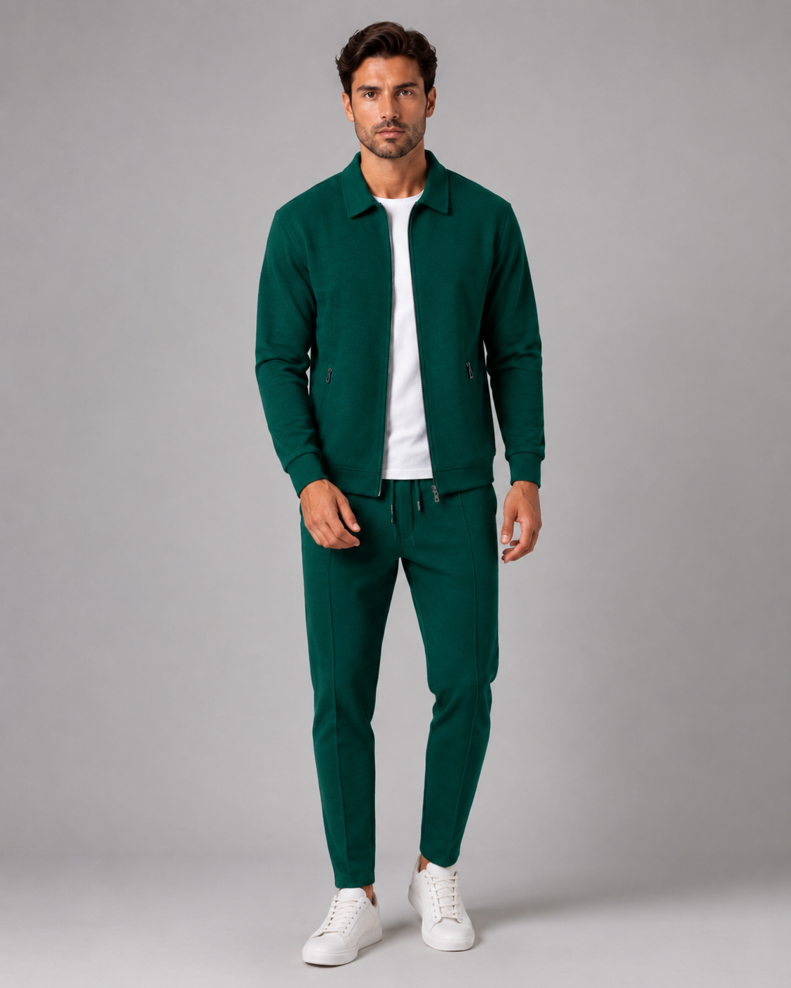 Men's Waffle Knit Tracksuit Set Collared Zip Jacket