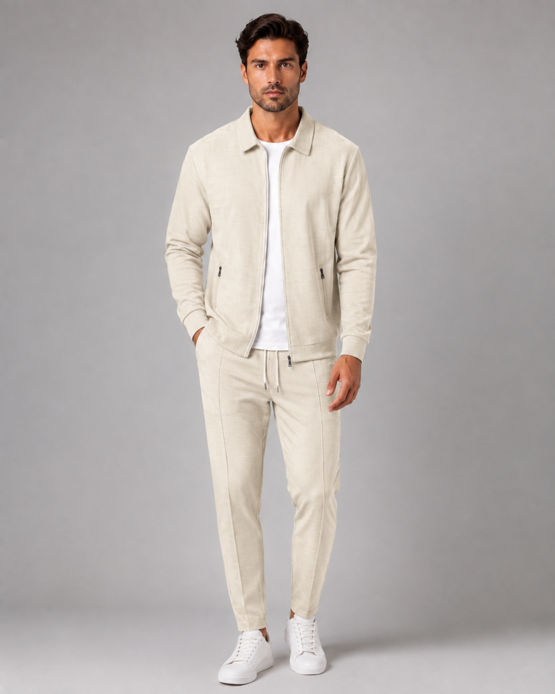Men's Waffle Knit Tracksuit Set Collared Zip Jacket