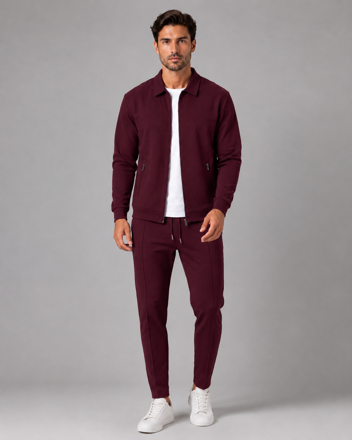 Men's Waffle Knit Tracksuit Set Collared Zip Jacket