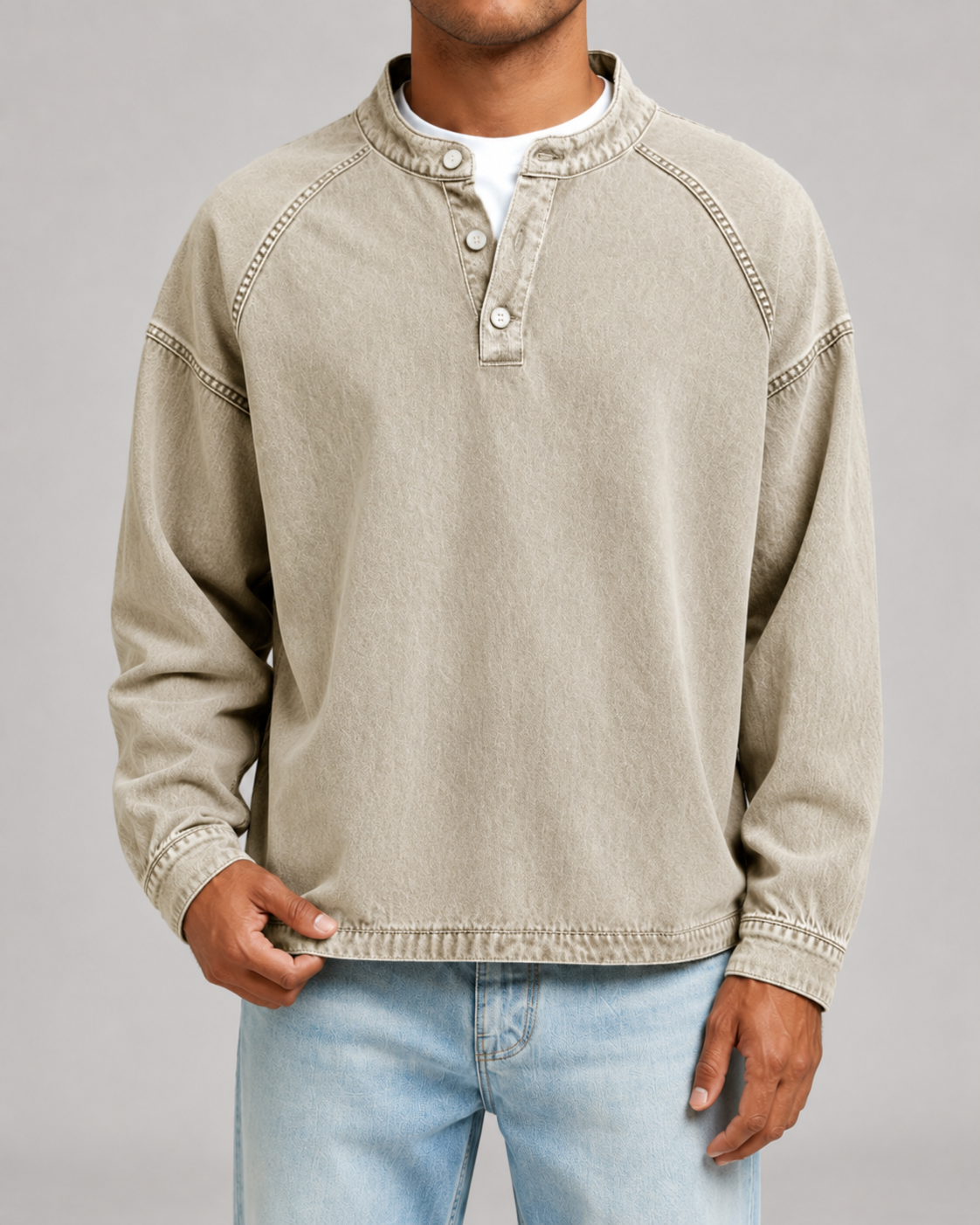 Men's Garment-Dyed Raglan Henley Sweatshirt