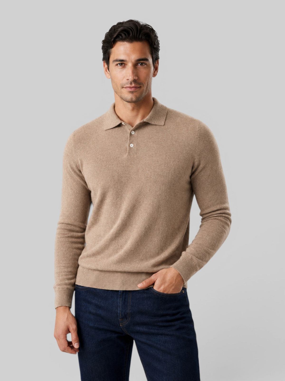Men's Wool Knit Polo Sweater - Long Sleeve