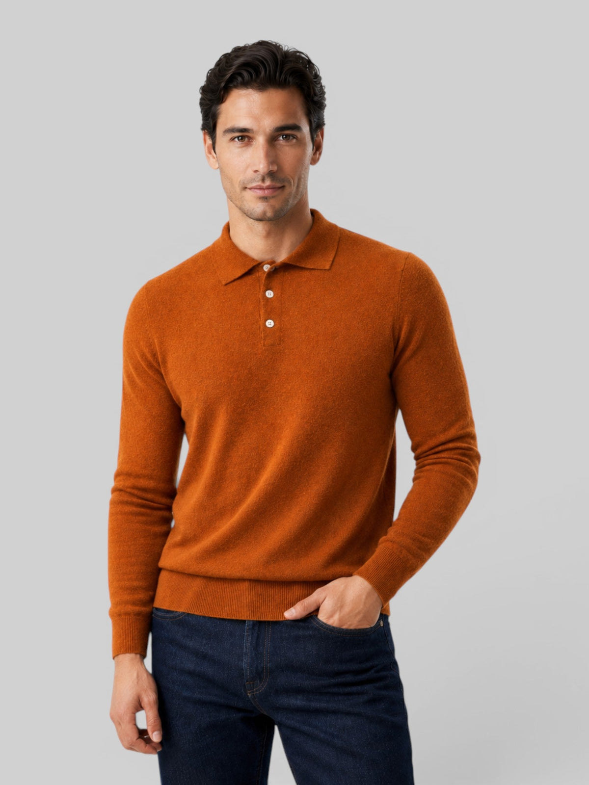 Men's Wool Knit Polo Sweater - Long Sleeve