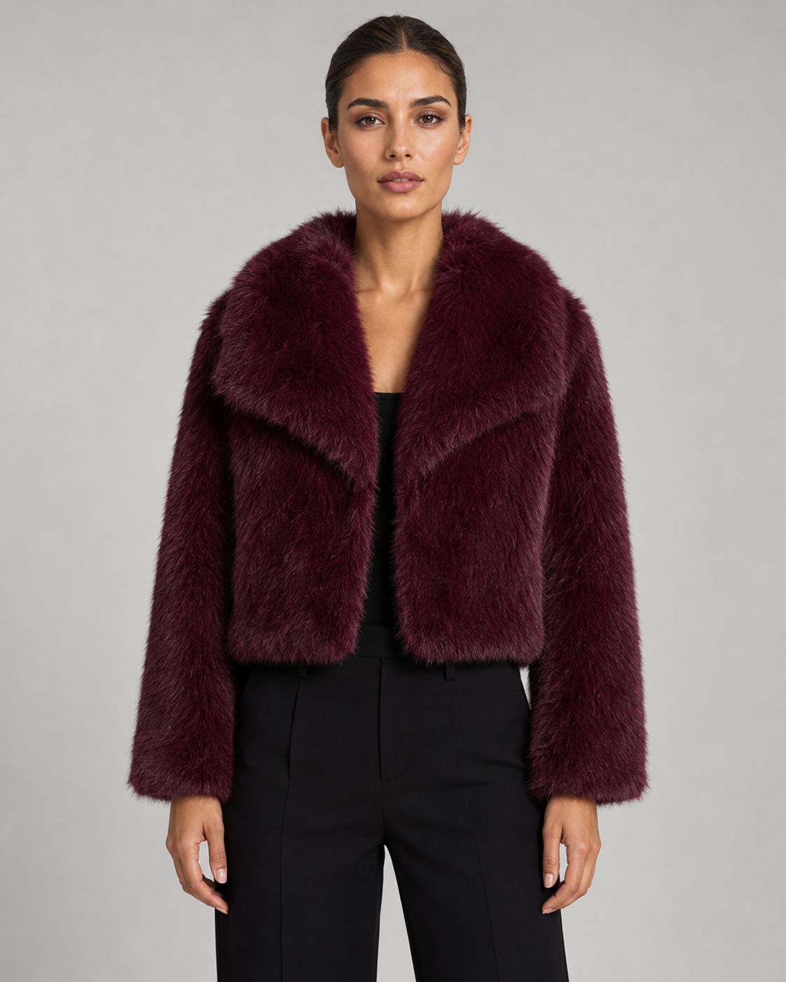 Plush Fur Cropped Jacket Wide Collar