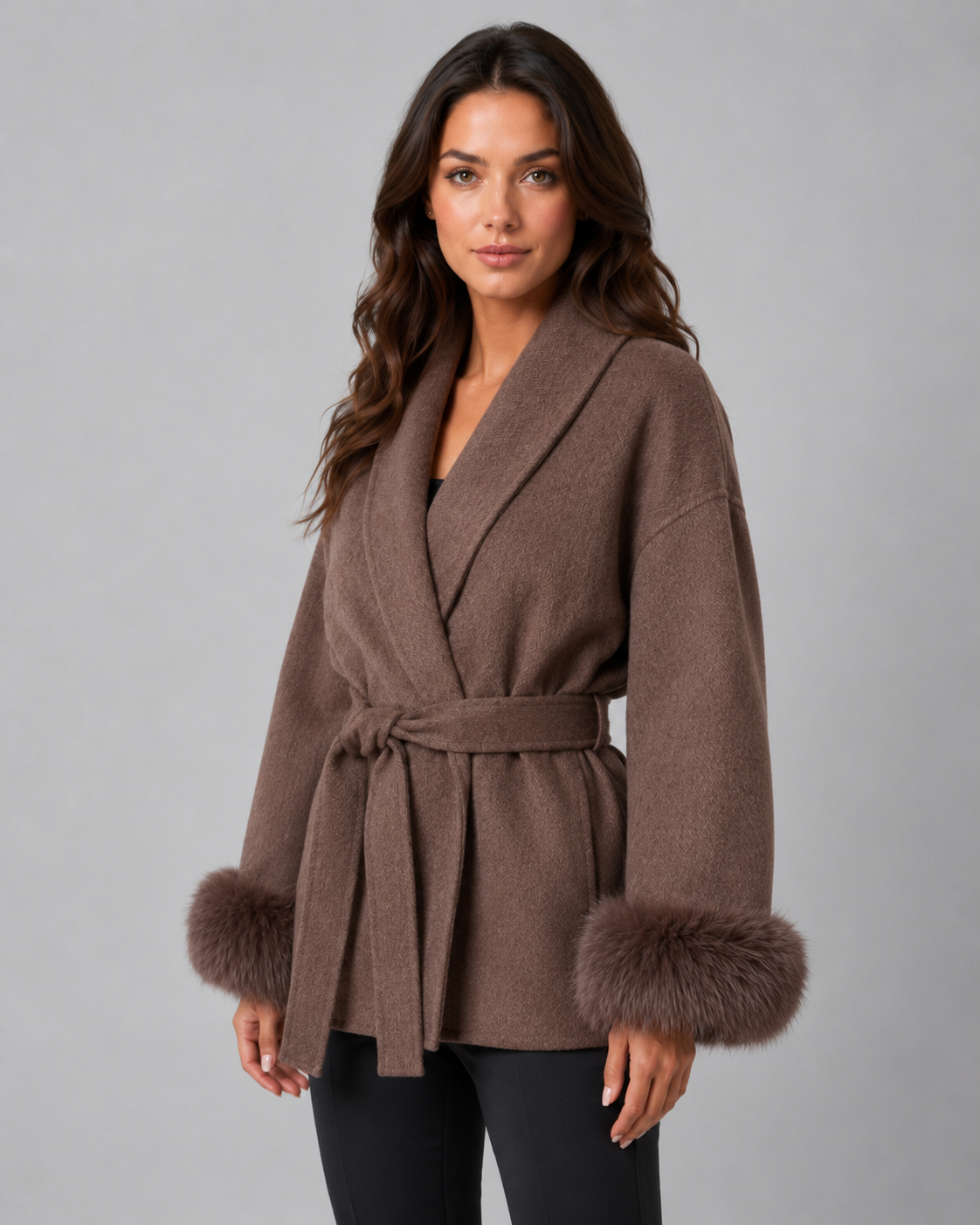 Women's Belted Wrap Coat Faux Fur Cuffs Shawl Collar