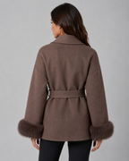 Women's Belted Wrap Coat Faux Fur Cuffs Shawl Collar