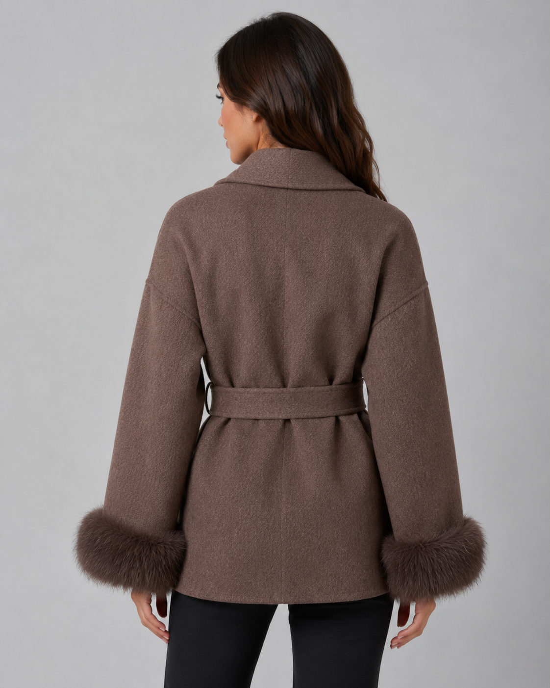 Women's Belted Wrap Coat Faux Fur Cuffs Shawl Collar