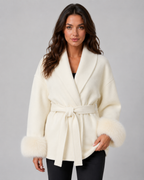 Women's Belted Wrap Coat Faux Fur Cuffs Shawl Collar