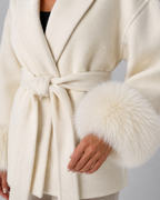 Women's Belted Wrap Coat Faux Fur Cuffs Shawl Collar