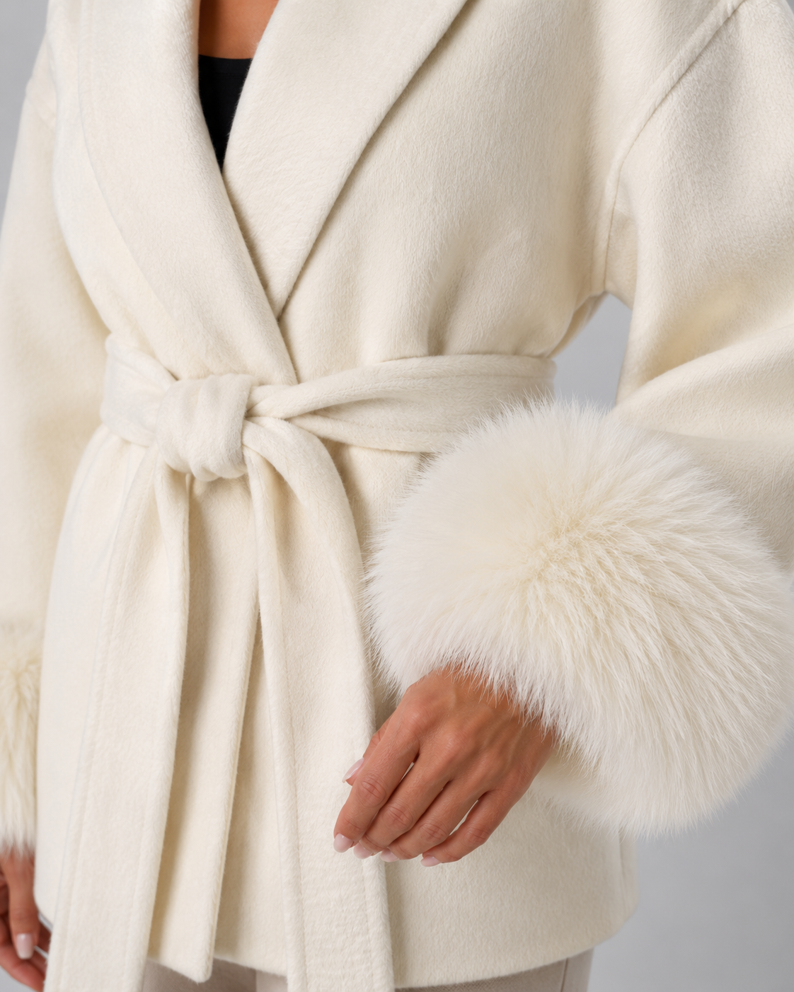 Women's Belted Wrap Coat Faux Fur Cuffs Shawl Collar