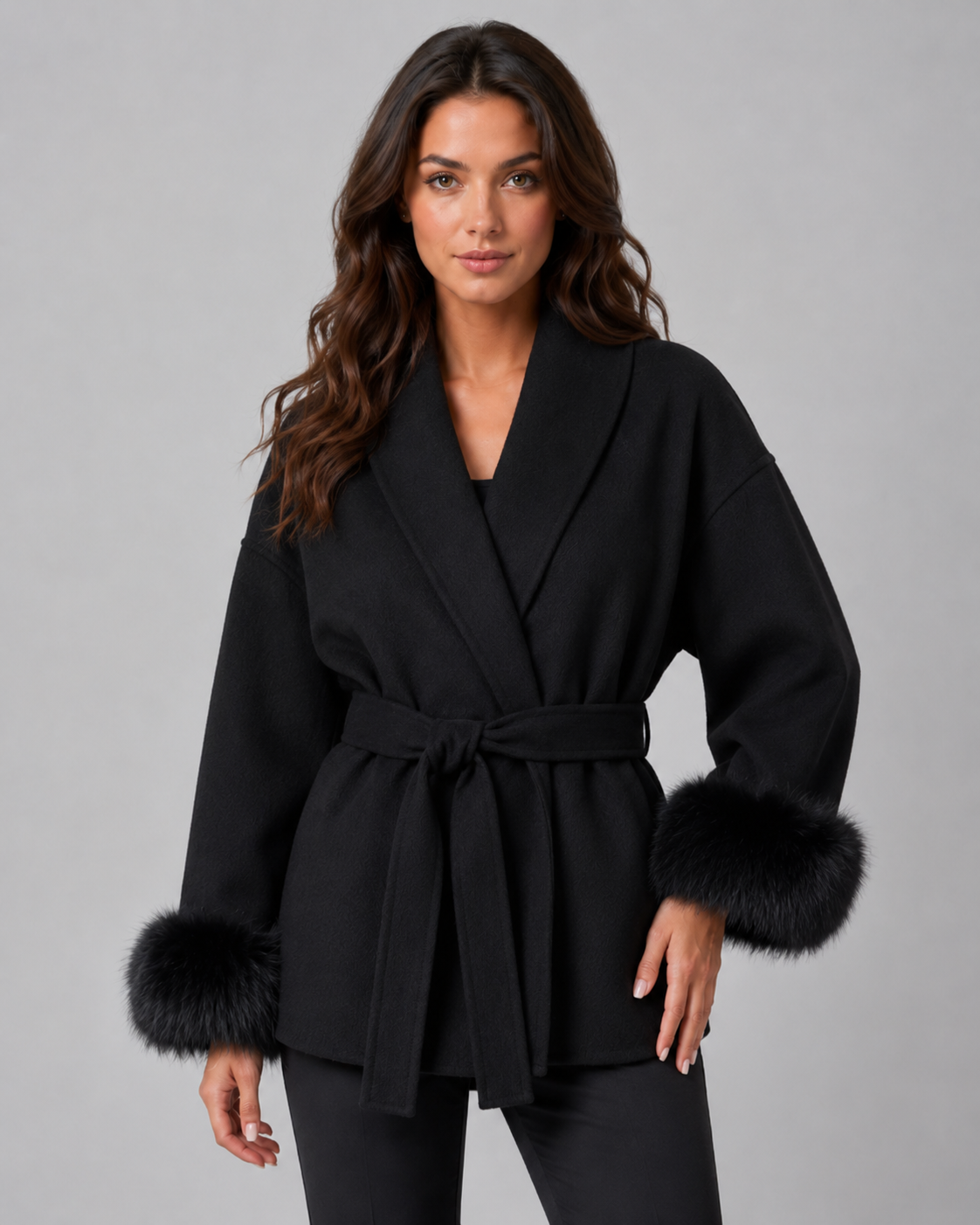 Women's Belted Wrap Coat Faux Fur Cuffs Shawl Collar