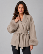 Women's Belted Wrap Coat Faux Fur Cuffs Shawl Collar
