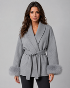 Women's Belted Wrap Coat Faux Fur Cuffs Shawl Collar