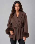 Women's Belted Wrap Coat Faux Fur Cuffs Shawl Collar