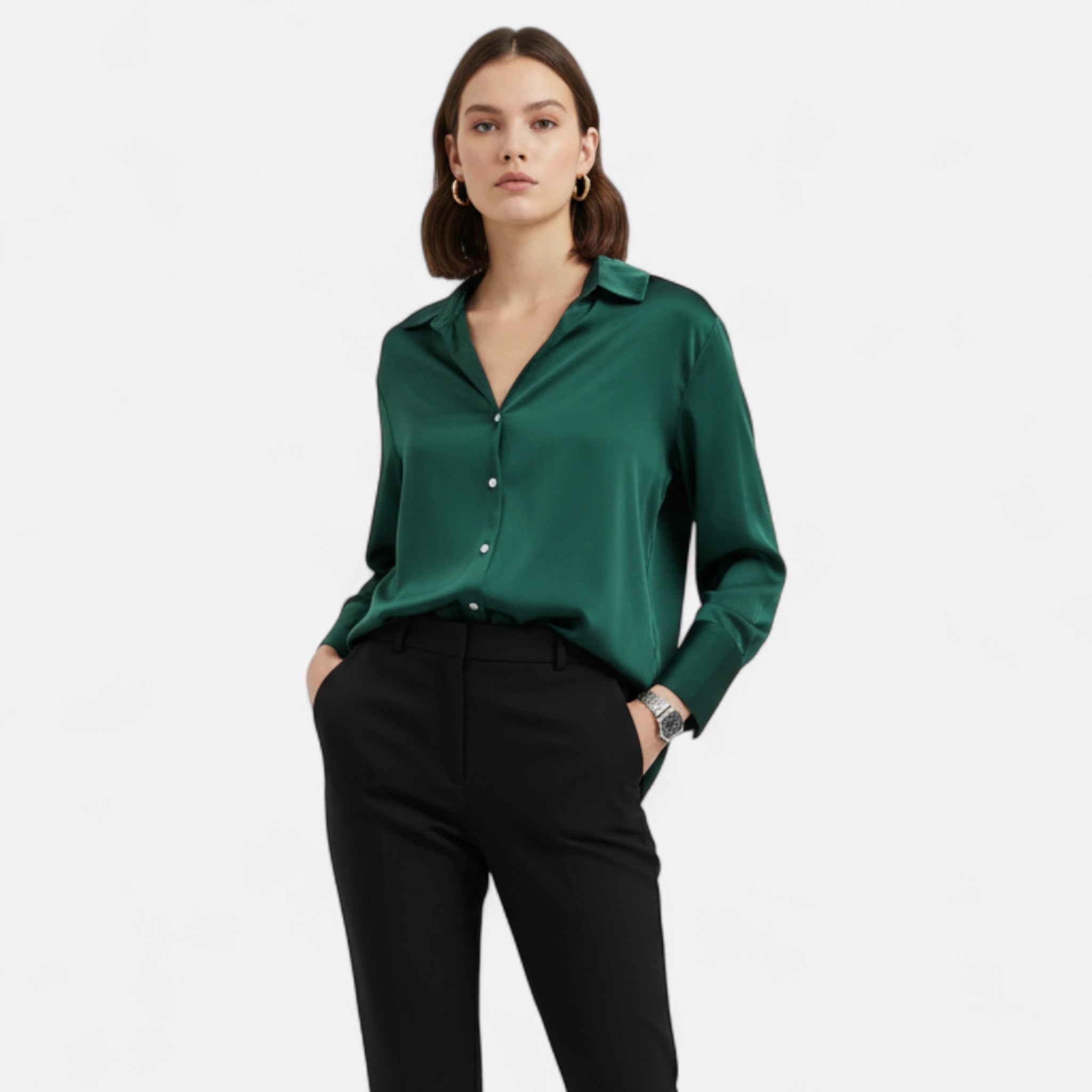 Women's Button-Front Long Sleeve Blouse - Classic Fit