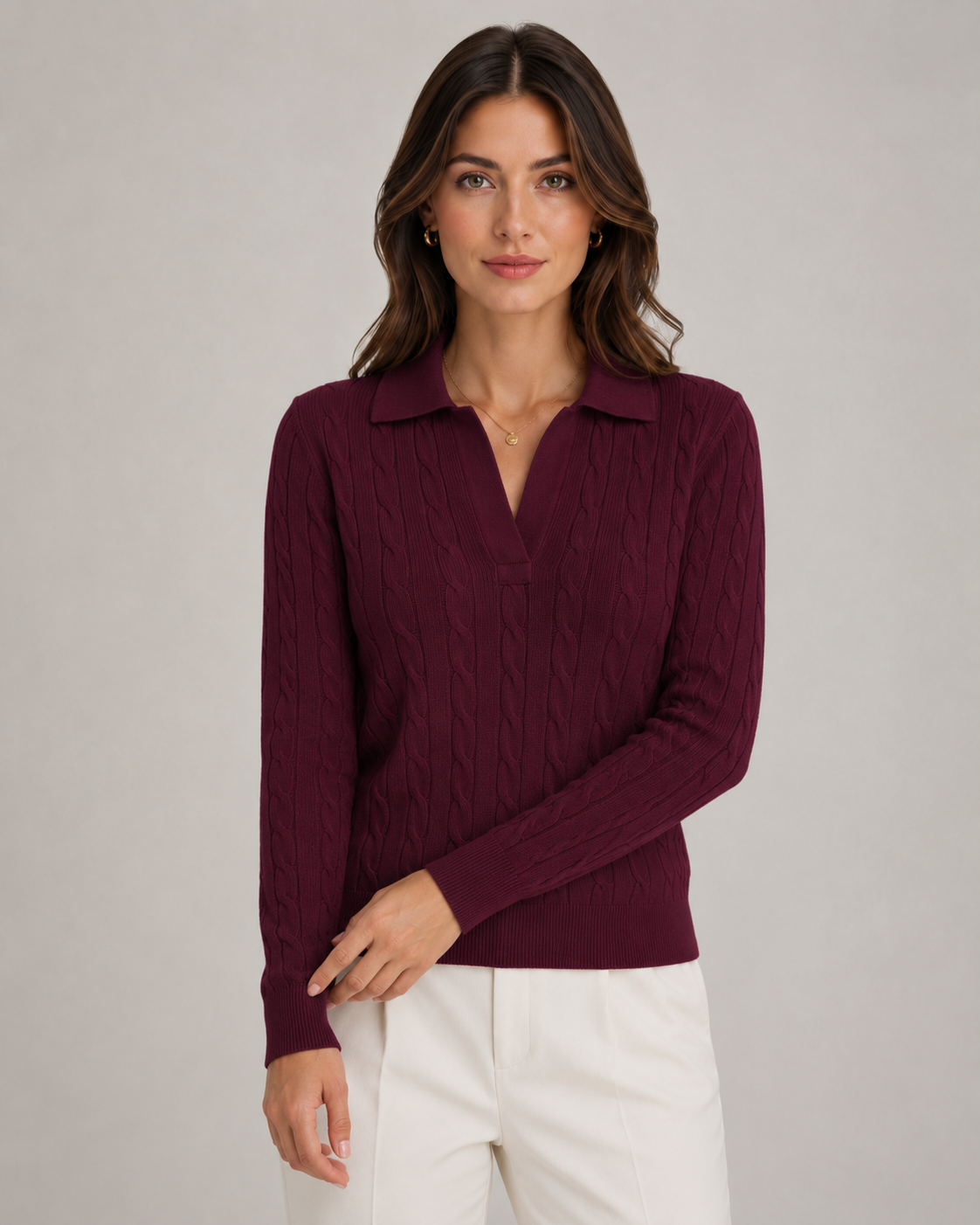 Women's Cable Knit Polo Sweater