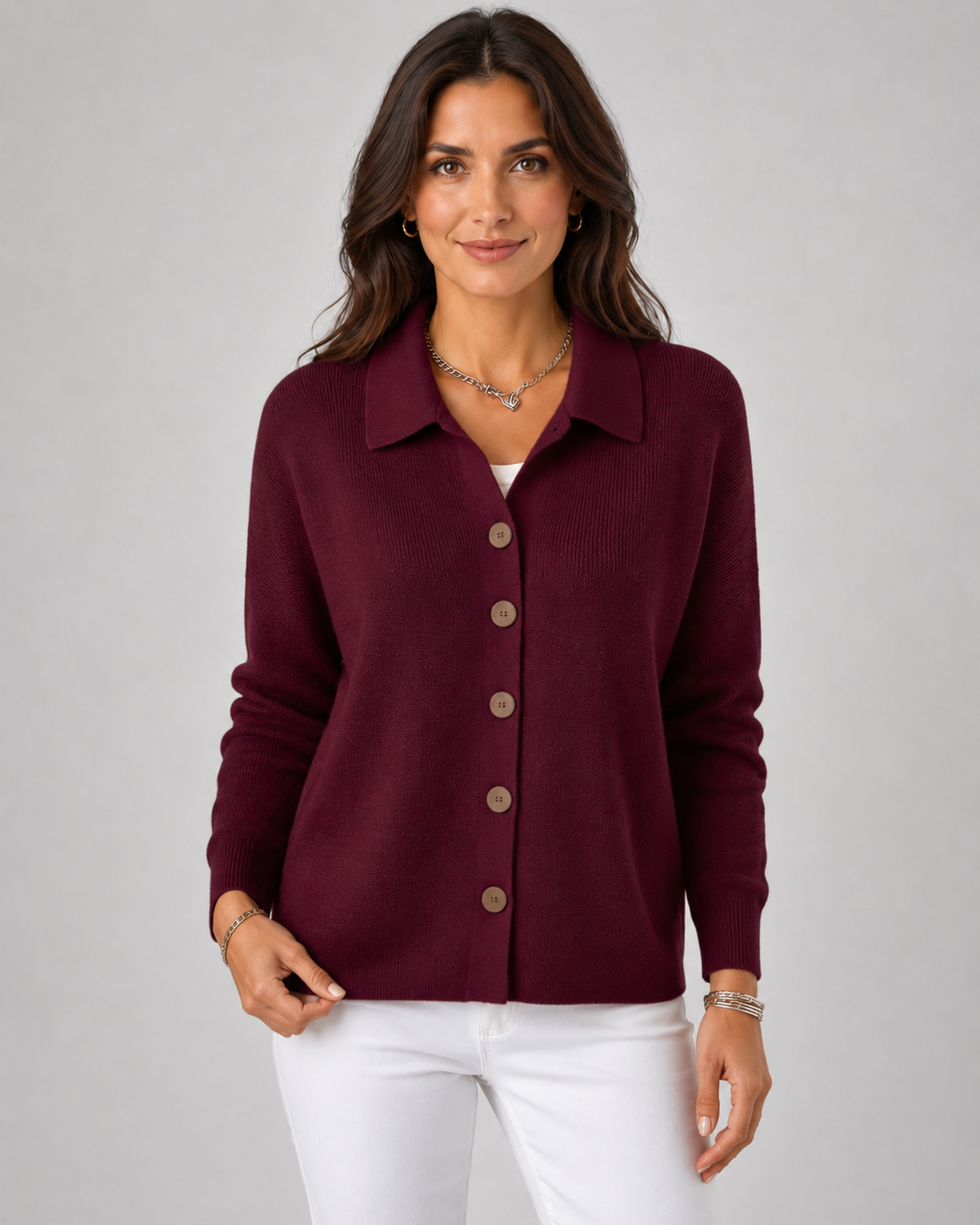 Women's Collared Button-Up Knit Cardigan