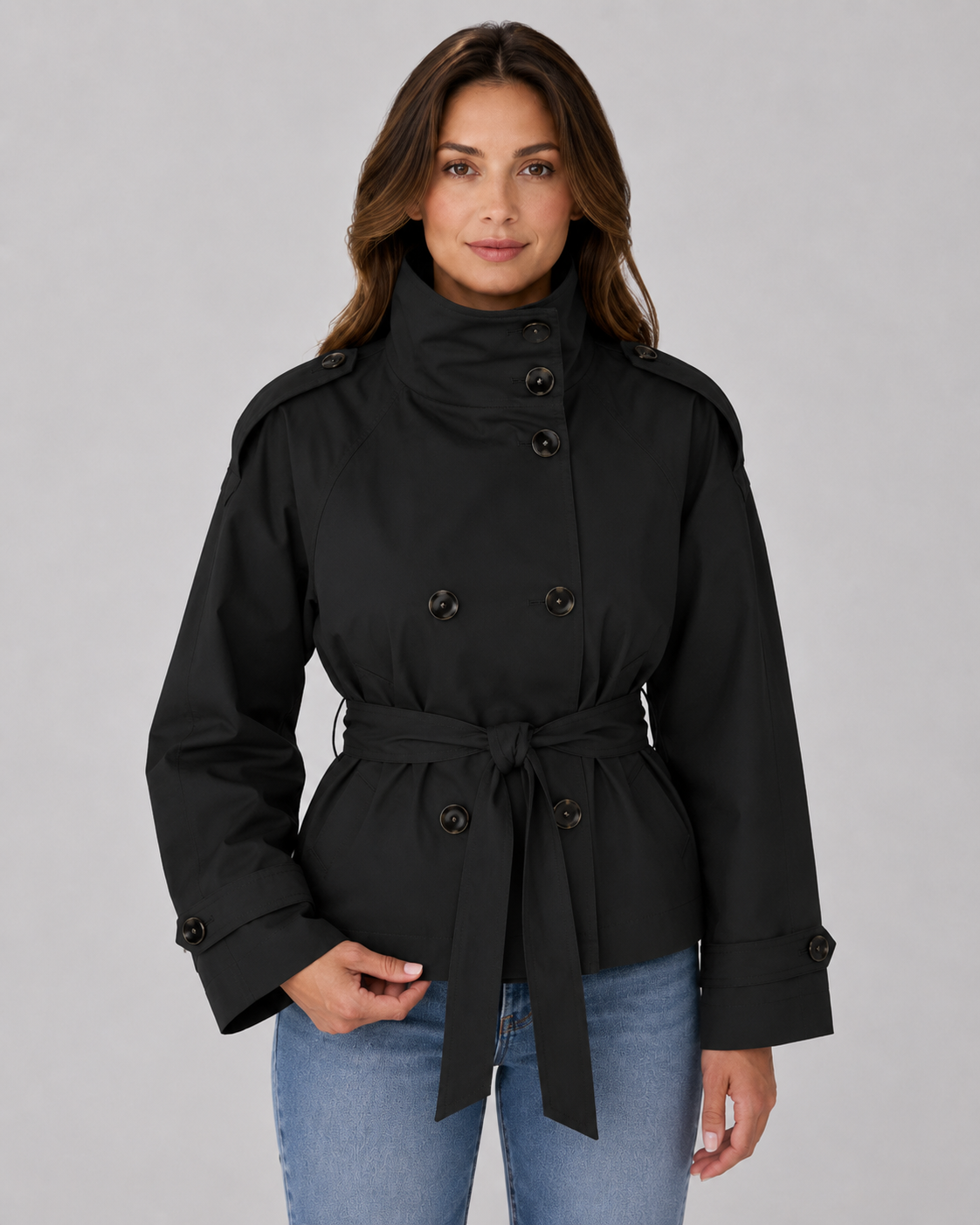 Women's Cropped Funnel-Neck Trench Coat